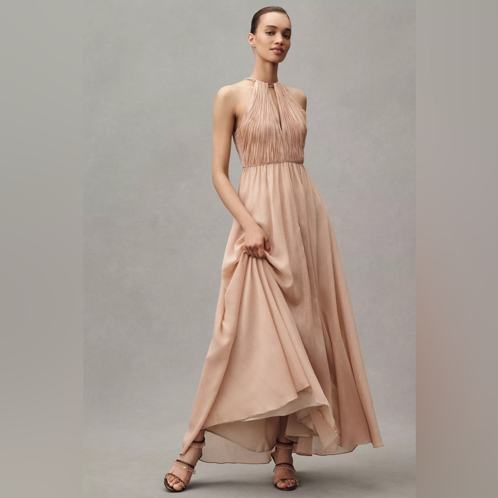 Mac Duggal Blush Halter Pleated Maxi Dress